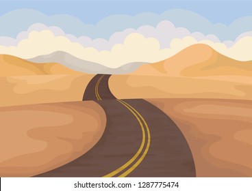 Desert landscape with asphalt road. Valley with sand hills and blue sky. Outdoor scenery. Flat vector design