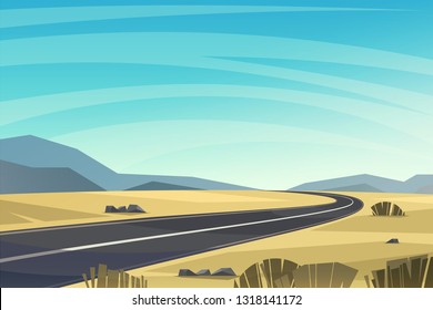 Desert landscape with asphalt road, vector background. Route 66, vector illustration.