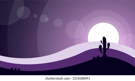 fondo del paisaje desértico. Papel de escritorio de 4k. desierto con cactus. cielo morado en el fondo nocturno. paisaje con luna y estrellas.	