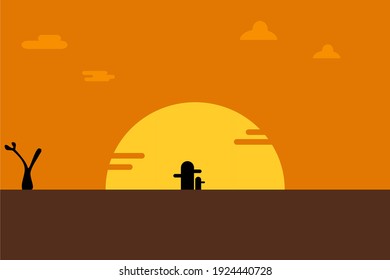 desert landscape background with big sun there are cactus plants and become a view of the afternoon towards dusk