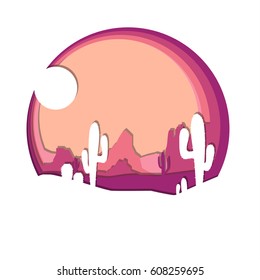 Desert landscape background cactus silhouette papercut vector illustration