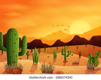 Desert landscape background with cactuses