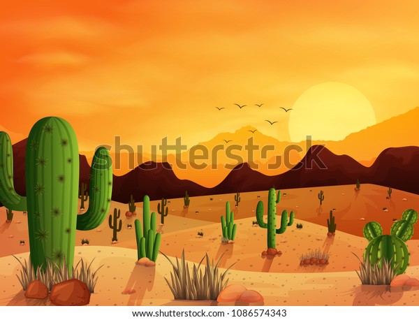 Desert Landscape Background Cactuses Stock Vector (Royalty Free) 1086574343