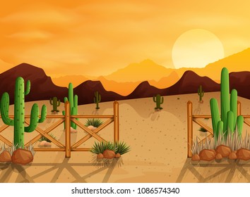 Desert landscape background with cactuses, hills, stones, fences and mountains at sunset