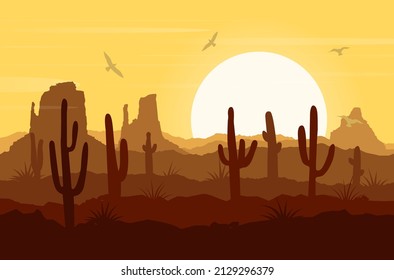 Wüstenlandschaft mit Dünen, Kakteen, Sonne und Vögeln. Silhouette der Wüste und Kakteen. Sonnenuntergang in der Wüste. Vektorgrafik