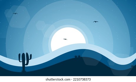 Desert Landscape Background. Nature Background. 4k Desktop Walpaper. Desert With Cactus. Night Landscape Background. Landscape With Moon And Stars.