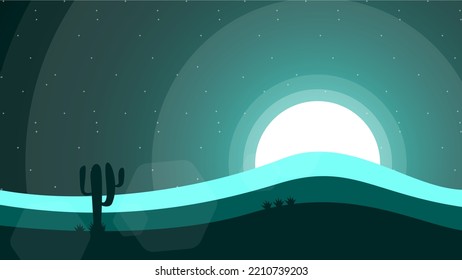 Desert Landscape Background. Nature Background. 4k Desktop Walpaper. Desert With Cactus. Night Landscape Background. Landscape With Moon And Stars.