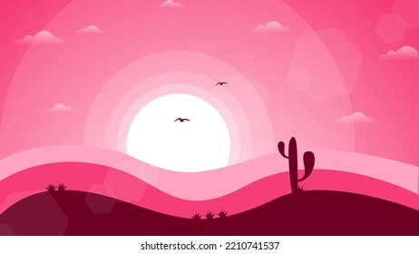 Desert Landscape Background. Nature Background. 4k Desktop Walpaper. Desert With Cactus. Night Landscape Background. Landscape With Moon And Stars.