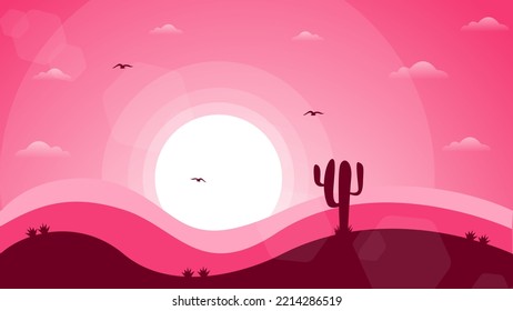 desert landscape background. nature background. 4k desktop Walpaper. desert with cactus. landscape with moon and stars. pink sky background.	