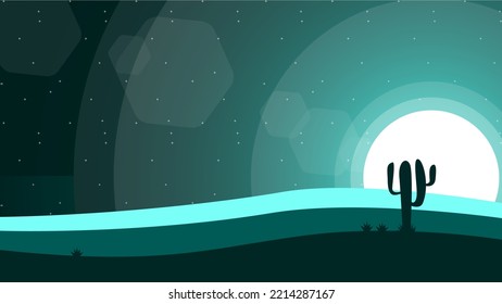 desert landscape background. nature background. 4k desktop Walpaper. desert with cactus. landscape with moon and stars. green sky background.	