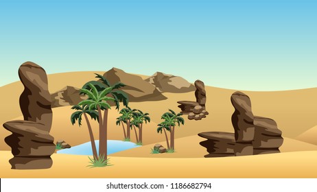 Desert landscape background with oasis. Sand dunes, lake and palms in oasis, rocks.  Cartoon or adventure game asset background. Vector illustration