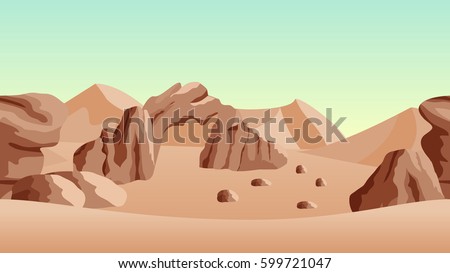 Desert landscape background. with sand duns and ancient ruins. Horizontally seamless, can be used in game asset. Vector Illustration