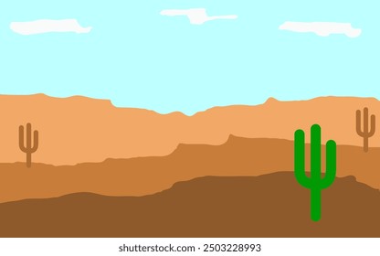 Desert landscape background vector illustration simple landscape showing dessert, cactus, blue sky, clouds and visible sand view beautiful relaxing environment