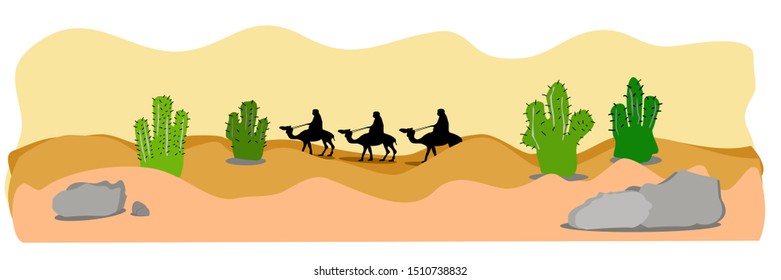 desert landscape background.Cartoon desert with cactus rocks and camels