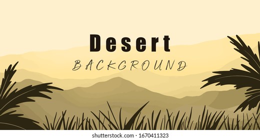 Hintergründe der Wüstenlandschaft. Abstrakte Vorlagenabdeckung. Wavy Elemente, Wüstendünen und Silhouette tropischer Blätter. Vektorillustration Illustration für Magazin, Banner, Broschüre.