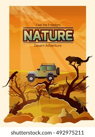 Desert landscape backround with dry plants and car on background vector illustration