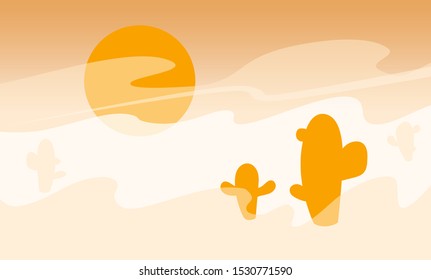 Desert landscape banner with cacti, big orange sun, sandstorm. Beautiful Sahara flat drought sunset illustration. Cartoon wild west texas. Wilderness Nature view. Hot sands empty space vector concept.