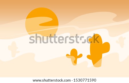 Desert landscape banner with cacti, big orange sun, sandstorm. Beautiful Sahara flat drought sunset illustration. Cartoon wild west texas. Wilderness Nature view. Hot sands empty space vector concept.