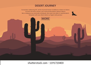 Desert landscape banner. Extreme journey, tourism concept with cactuse and mountains. Desert trip website page. Vector illustration.