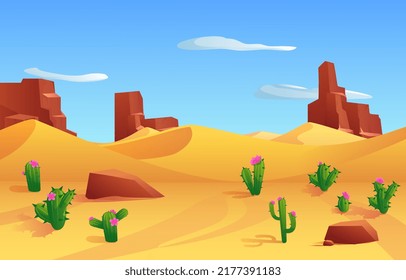 Desert Landscape Banner With Highlands And Cactuses, Flat Vector Illustration. No People Sandy Desert Landscape Background, Scenery For Games And Travel Leaflets.