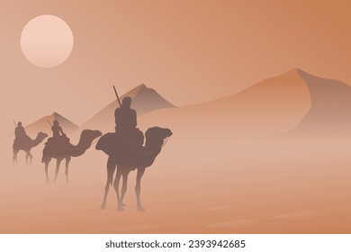 Desert landscape with Bedouins and caravan. Vector illustration.