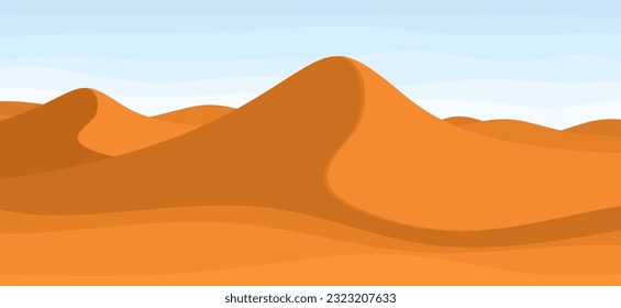 Desert landscape with blue sky. Vector background of sand dunes. Hot dry deserted nature background with sandy hills in cartoon style. Flat vector illustration