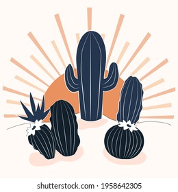 Desert landscape. Desert with cacti abstract landscape. Texas. Wild West. Aesthetic background with desert vector illustration.