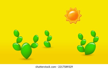 Desert Landscape With Cacti And Bright Sun. Vector Illustration