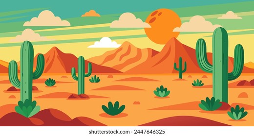 a desert landscape with cacti and flowers growing around for banners and websites