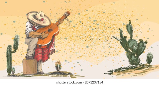 desert landscape with cacti, mexican man playing guitar in sombrero