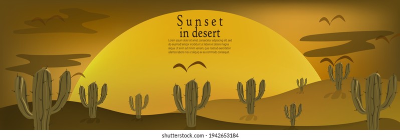 Desert Landscape With Cacti.
Mexican Desert Sunset.
Vector Illustration.