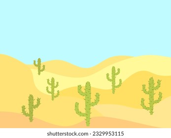 Desert landscape with cacti in a minimalist style. Mexican desert with cacti. Western landscape with desert dunes and rolling hills. Design for posters, prints and banners. Vector illustration