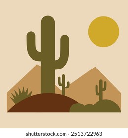 Desert landscape with cacti and mountains at sunset flat illustration