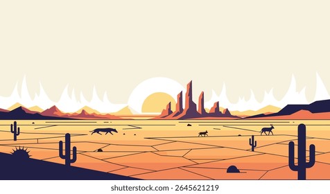 Paisagem do deserto com cactos e montanhas ao pôr do sol
