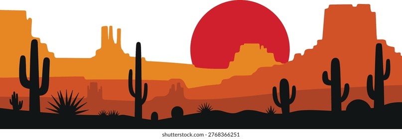 Desert landscape with cacti and rock formations at sunset cactus.