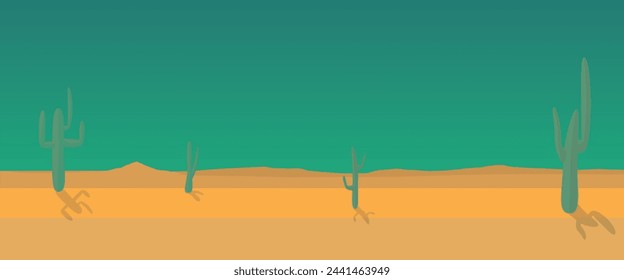 Desert landscape with cacti and rocks.	