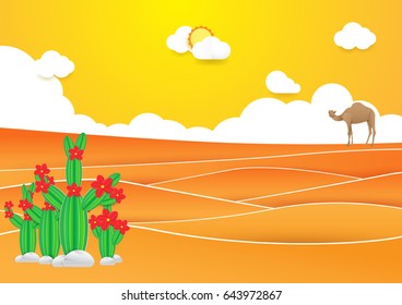 Desert landscape. Cactus and camel in desert with Sunset on a background. Paper art and craft style