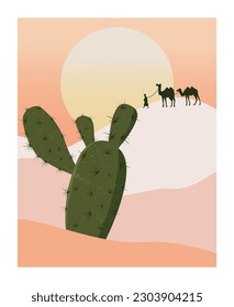 Desert landscape with a cactus and camels. Vector illustration