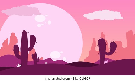 Desert landscape with cactus, hills, moon and mountains silhouettes illustration. Nature concept artwork Background Template