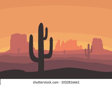 Desert landscape with cactus, hills and mountains silhouettes. Nature sunset on a background of a mountain landscape. Extreme tourism and travelling. Vector illustration