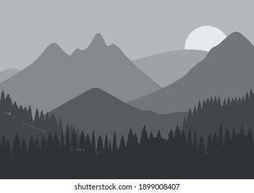 Desert Landscape with Cactus, Hills and Mountains Silhouettes. Vector Nature Horizontal Background