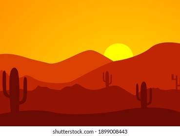 Desert Landscape with Cactus, Hills and Mountains Silhouettes. Vector Nature Horizontal Background