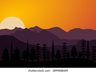 Desert Landscape with Cactus, Hills and Mountains Silhouettes. Vector Nature Horizontal Background