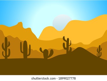 Desert Landscape with Cactus, Hills and Mountains Silhouettes. Vector Nature Horizontal Background