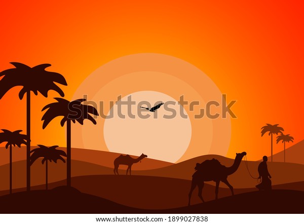 Desert Landscape with Cactus, Hills and Mountains Silhouettes. Vector Nature Horizontal Background.