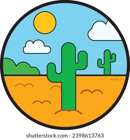 Desert Landscape with Cactus Illustration in Circle