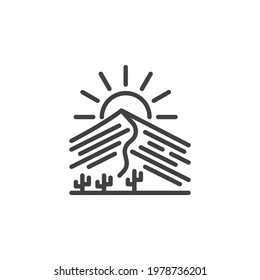 Desert landscape with cactus line icon. linear style sign for mobile concept and web design. Desert sunset outline vector icon. Symbol, logo illustration. Vector graphics