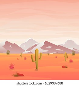 Desert landscape with cactus and mountain on sunny day. Vector illustration