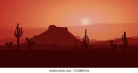 Desert landscape with cactus, mountain, and sun. Vector illustration background for poster, banner, web, social media, card, cover, ui.