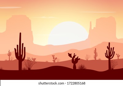 Desert landscape with cactus, mountain, and sunset. Vector illustration background for poster, banner, web, social media, card, cover, ui.